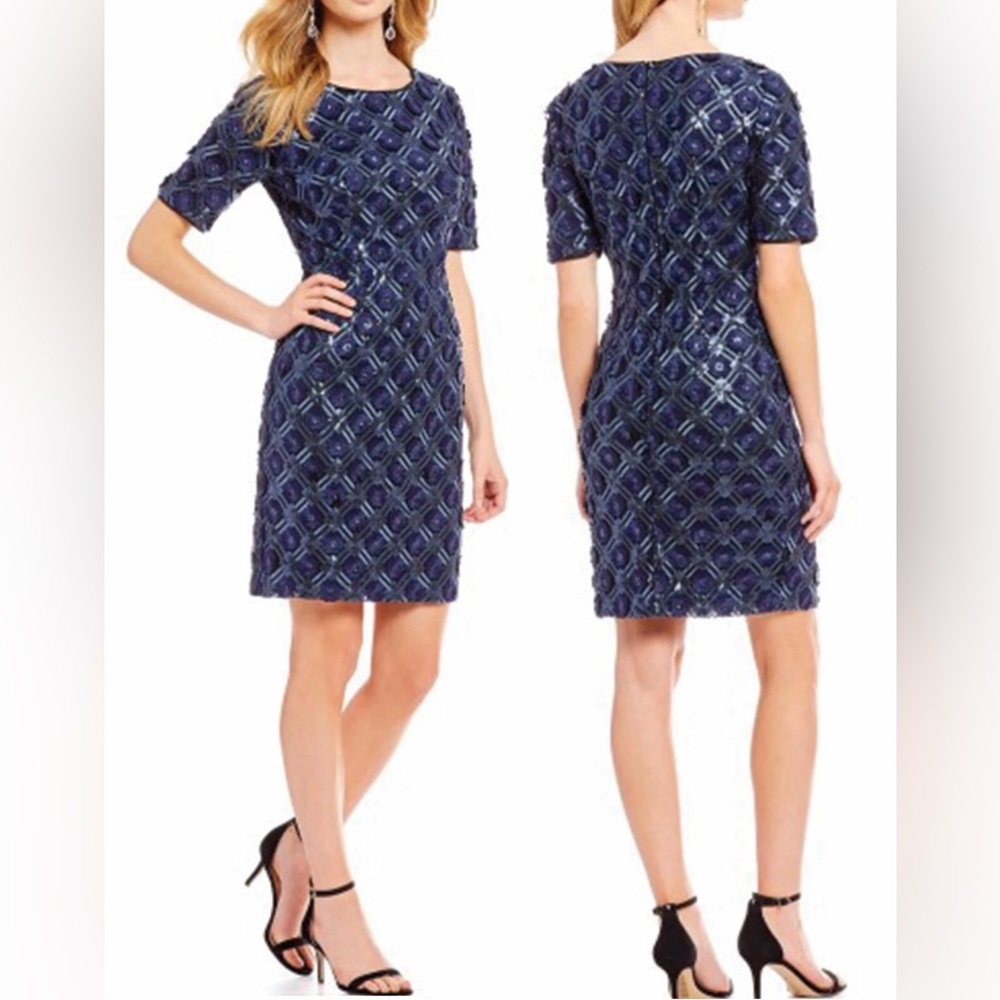 NWT Belle Badgley Mischka Satya Navy 3D Floral Sequin Lace Sheath Dress Size 2